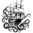 sea floor octopus wrapping tentacles around sailing ship tattoo design idea