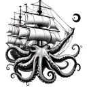 sea floor octopus wrapping tentacles around sailing ship tattoo design idea
