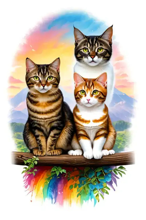 3 cats on rainbow bridge with 3 cats sitting tattoo design idea
