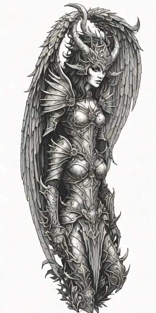 demon queen in armor with  wings in the woods  during dark night  tattoo design idea