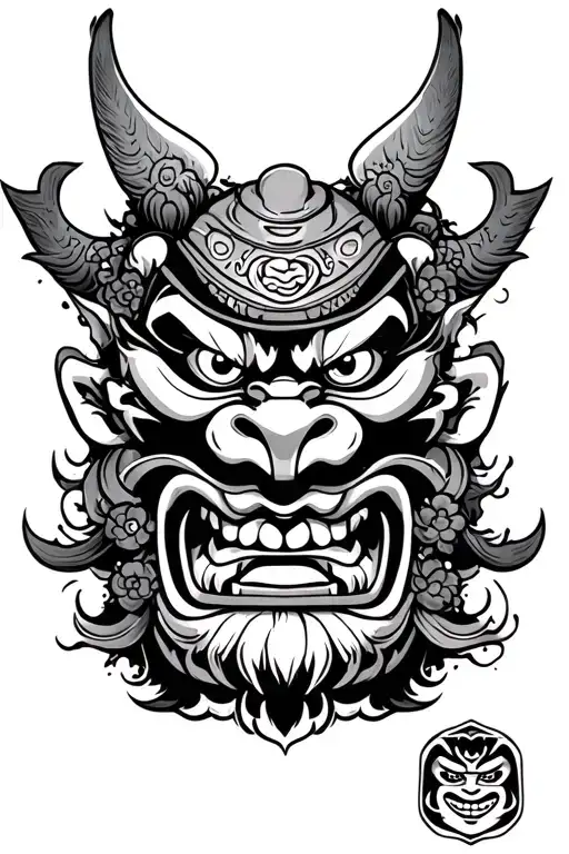 japanese oni mask, samurai warrior, temple, daruma doll full sleeve tattoo design idea