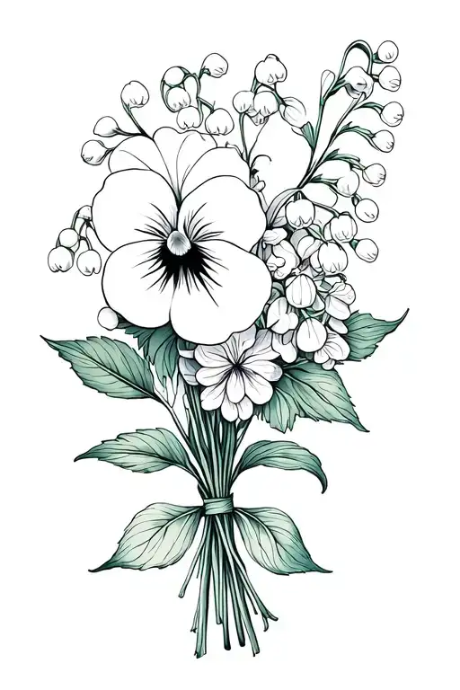 lily of the valley, pansy, hydrangea bouquet tied tattoo design idea
