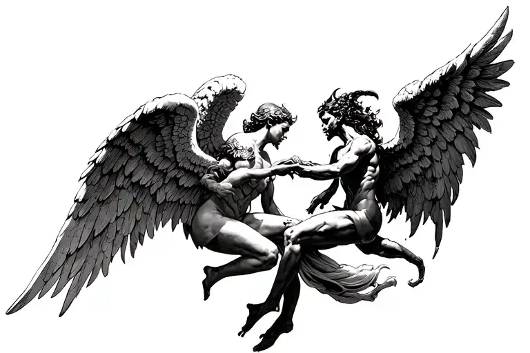 realism angel with wings vs demon with wings fighting full body tattoo design idea