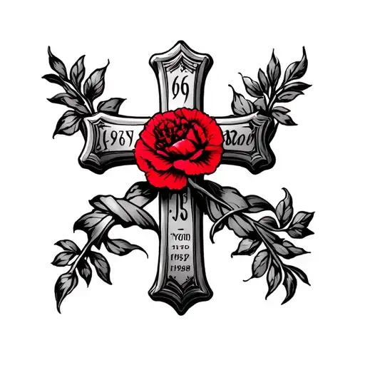 Cross with a red carnation wrapping around the cross with the dates 1956-1998  tattoo design idea