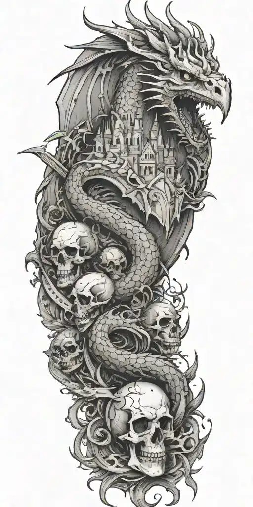 fantasy sleeve including a large dragon; gothic castle, small raven perched on a skull. sword and crown tattoo design idea