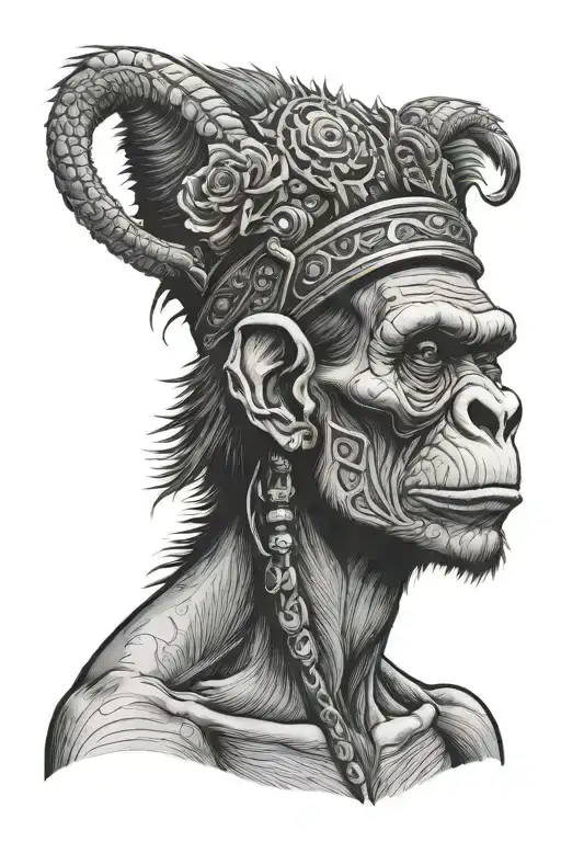 man with half dead evil chimp headdress being worn tattoo design idea