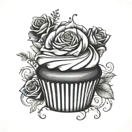 Gothic cupcake with black roses blooming tattoo design idea