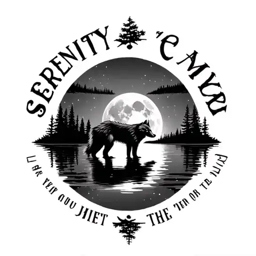 "Serenity " paternal wolf cub reflection lake woods moon trees night tattoo design idea