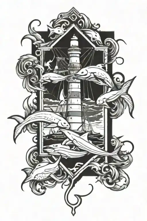 vertical rectangle with marine theme inside tattoo design idea