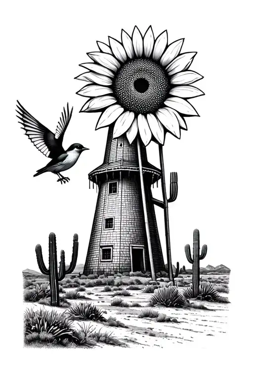 monument valley, windmill, sunflower, bluebird, cactus tattoo design idea