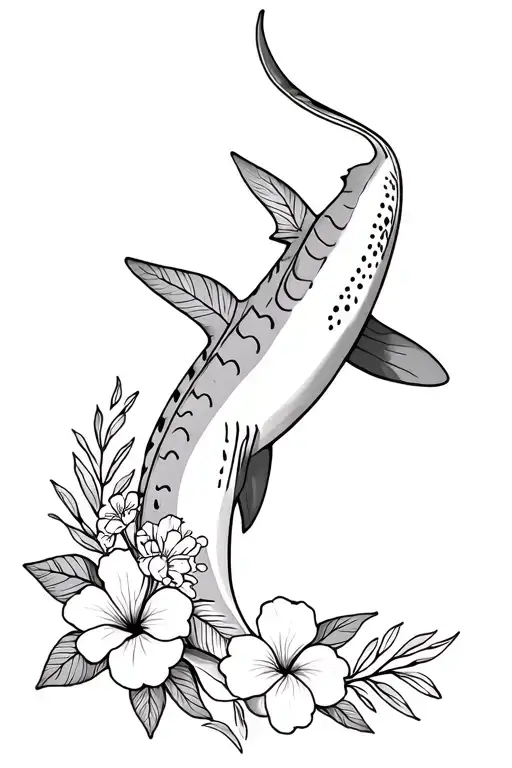 fine line whale shark with hibiscus and Hawaiian flowers  tattoo design idea