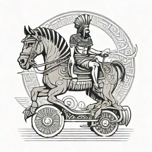 A tattoo of a Pharaoh riding a 4x4 truck adorned with traditional Greek patterns in a black-grey style tattoo design idea