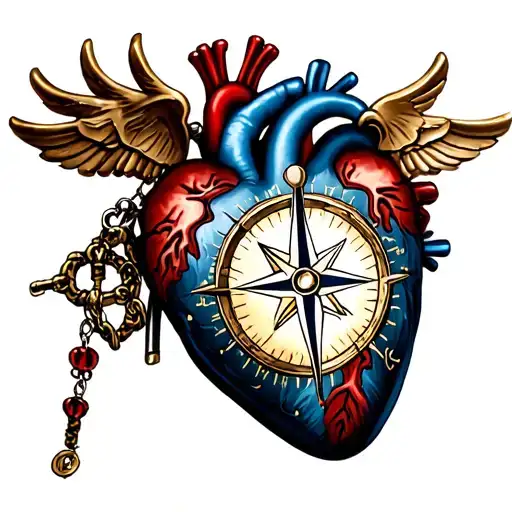 human heart compass rosaries tattoo design idea