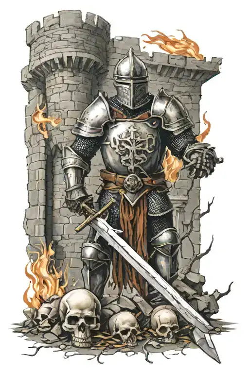 A knight with a shield with a rare sword and flames, a ruined castle around and skulls lying on the ground tattoo design idea