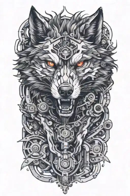 mechanical wolf running alongside tattoo design idea