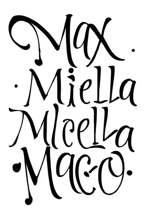 "Max Miella Maceo" kids names in clear writing all one line interjoining with some creative illustrations tattoo design idea