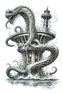 kraken reaching out and grabs the Stanley cup surrounded by water and the space needle in the back tattoo design idea
