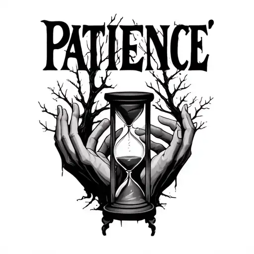 "Patience" A hourglass, dead tree, and two hands reaching for eachother tattoo design idea