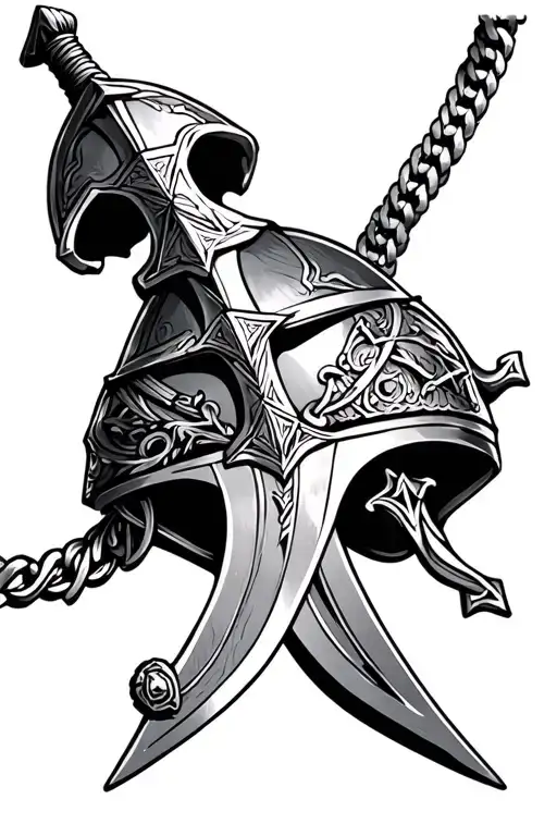 cross necklace sword sheid helmet adorned with symbols tattoo design idea