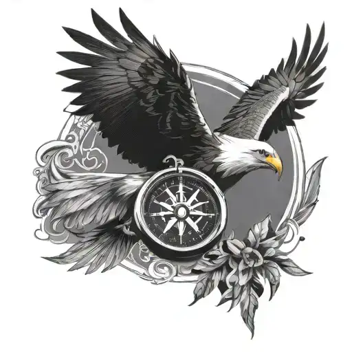 flying eagle with compass tattoo design idea