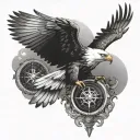 flying eagle with compass tattoo design idea