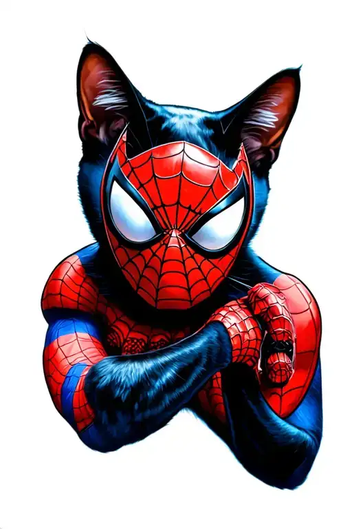 black cat holding spiderman mask tattoo design idea