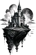 gothic castle on a floating island  tattoo design idea