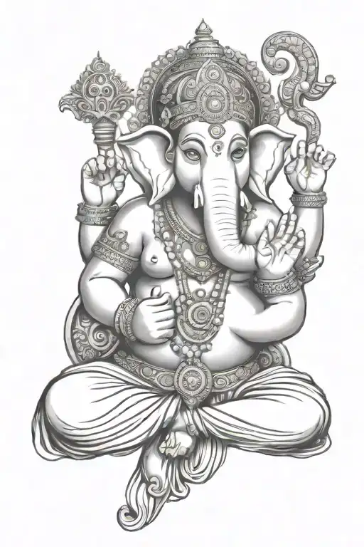 a detailed tattoo design featuring a harmonious fusion of Lord Ganesha and Hanuman, intricate linework showcasing Ganesh tattoo design idea