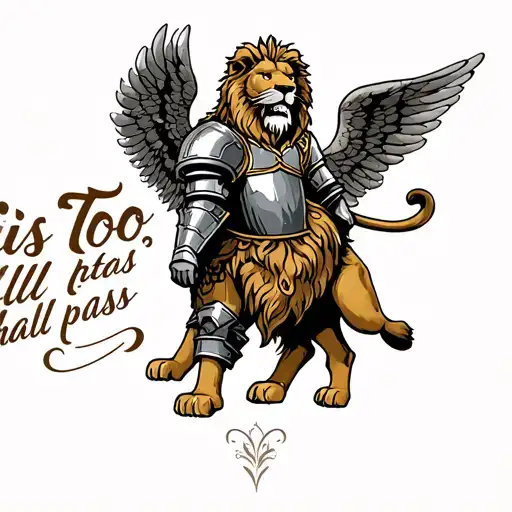 a guardian angel in shining armor  a fierce lion representing strength, and the quote “This too shall pass" tattoo design idea