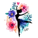 hand painted watercolor flowers with a silhouette of a female lyrical dancer, a heart, and the initials MP tattoo design idea