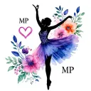 hand painted watercolor flowers with a silhouette of a female lyrical dancer, a heart, and the initials MP tattoo design idea