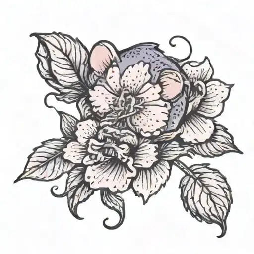 Mouse holding purple japenese Camellia  flower blooming tattoo design idea