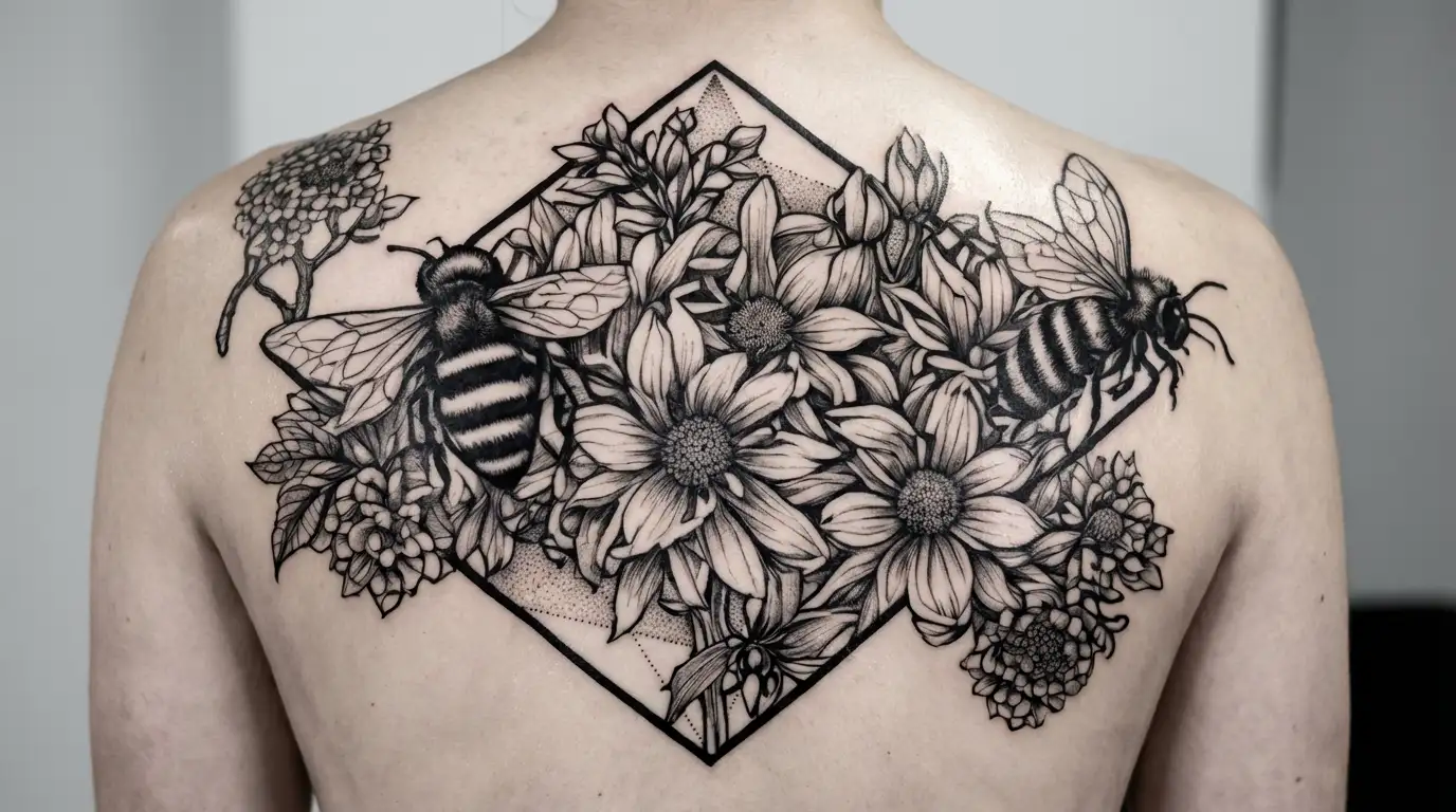 Fine line, daisy, pussy willow, dark, creepy, no colour , bee tattoo design idea