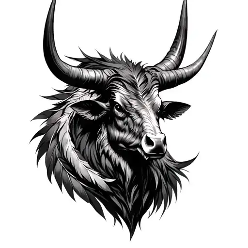 Longhorn feathered With horns bahamut head tattoo design idea