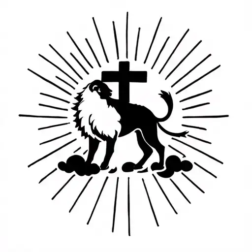 lamb, lion, cross, cloud, sun rays tattoo design idea