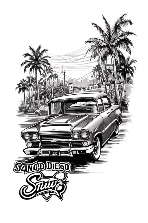 san diego old school car cruise scene upper arm sleeve tattoo design idea