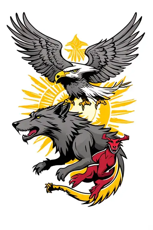 trojan on wolf with sun devil on eagle tattoo design idea