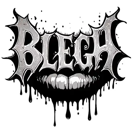 "BLEGH" The word 'BLEGH' written in a gothic font. The letters are dripping down, so the ink goes in the direction of the chin tattoo design idea