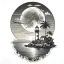 moon setting over the ocean black sky with palm trees dark in the foreground lighthouse in the background clouds in sky tattoo design idea