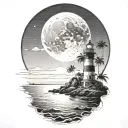 moon setting over the ocean black sky with palm trees dark in the foreground lighthouse in the background clouds in sky tattoo design idea