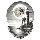 moon setting over the ocean black sky with palm trees dark in the foreground lighthouse in the background clouds in sky tattoo design idea