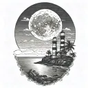 moon setting over the ocean black sky with palm trees dark in the foreground lighthouse in the background clouds in sky tattoo design idea