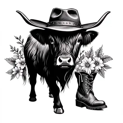highland cow, cowboy boots, cowboy hat and flowers tattoo design idea