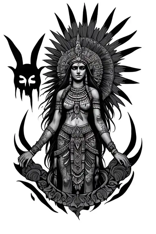 Aztec goddess surrounded by death tattoo design idea