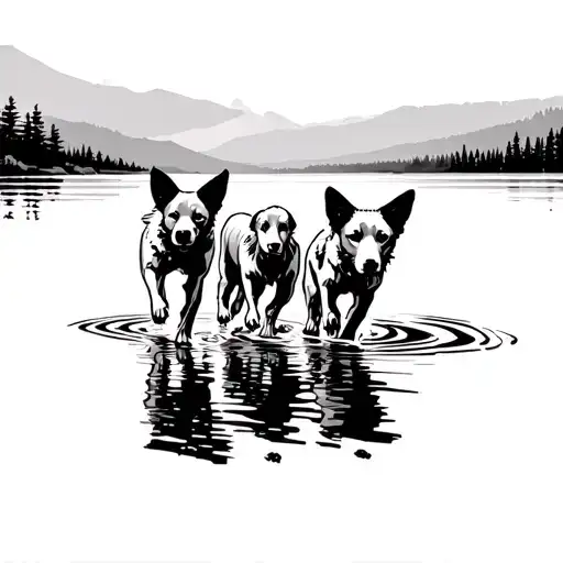 Wild dogs running across water, inverted tattoo, blackwork, no background, bold lines, rounded ears tattoo design idea