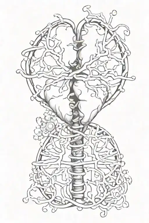 A heart and a brain which are connected in a line by a DNA double helix tattoo design idea