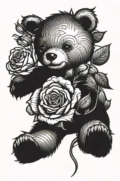 Teddy bear and rose growing tattoo design idea