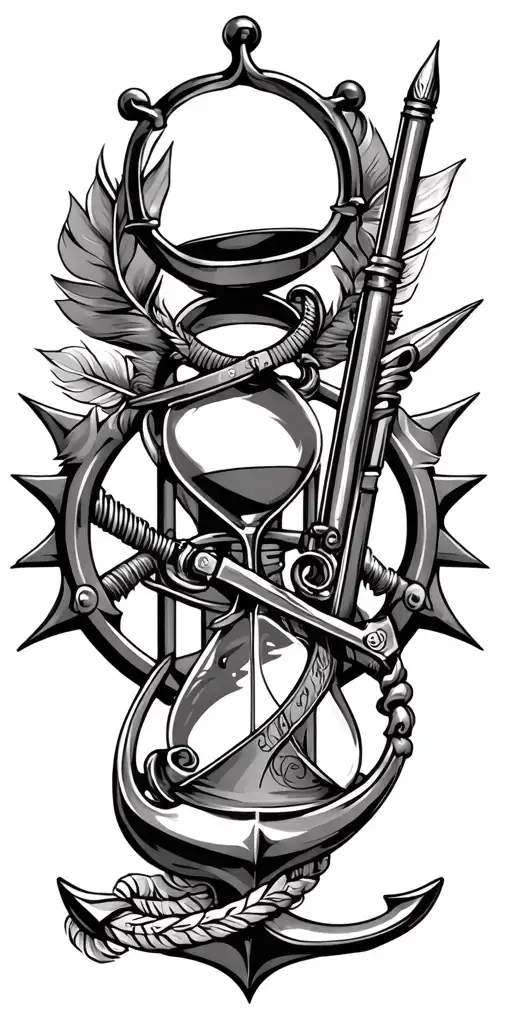 flintlock pistol, cutlass, quill pen, fouled anchor, hourglass tattoo design idea