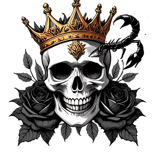 skull with one gold canine tooth wearing a crown surrounded with black roses and a scorpion coming out of the right eye  tattoo design idea