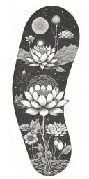 central lotus flower, celestial elements like stars and planets, sacred geometry, and serene landscapes such as mountain tattoo design idea